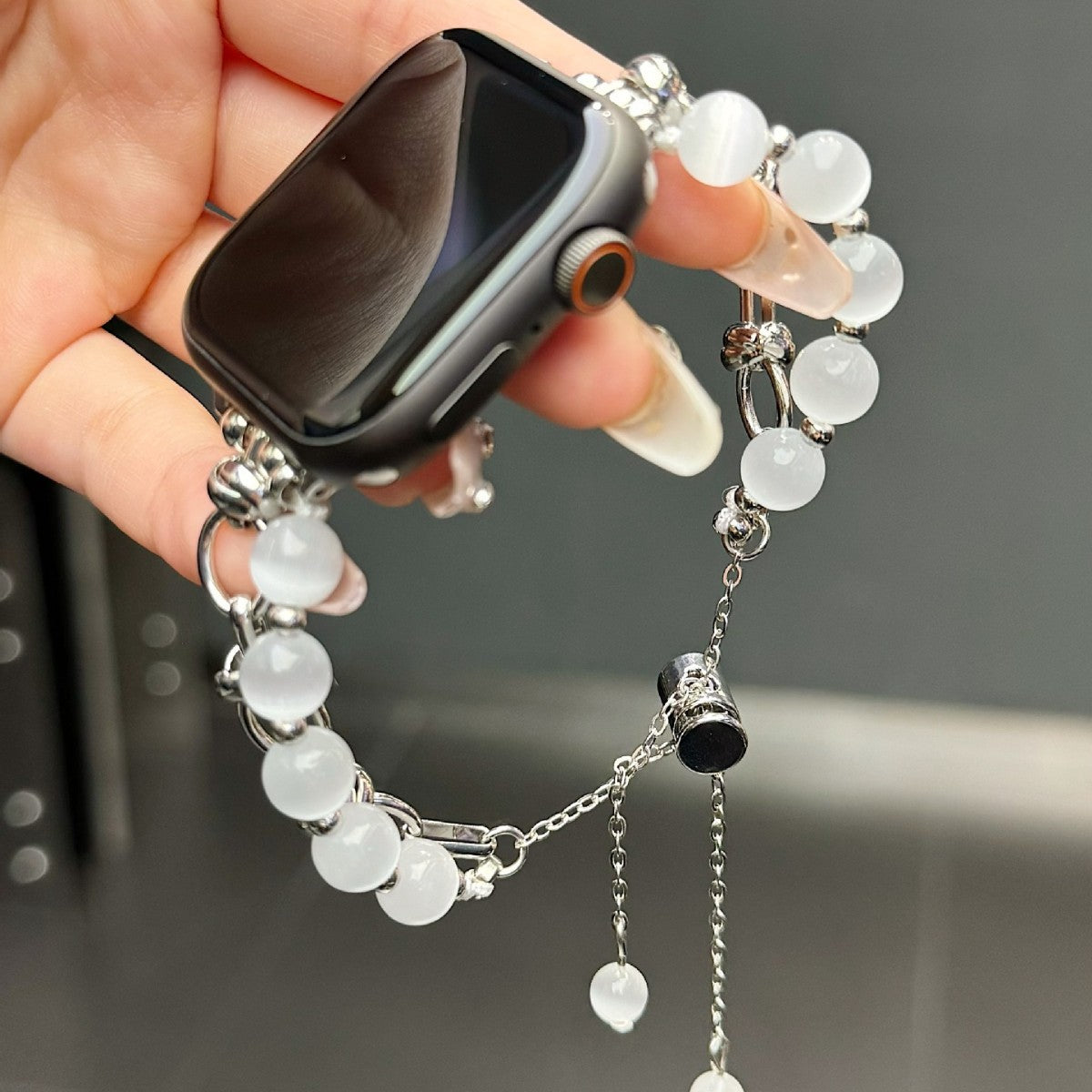 2-pcs Silver Elegant Cat's Eye Beaded Bracelet Band for Apple Watch - Women's Luxury Strap (Compatible Size :42/44/45MM ) - Image 5