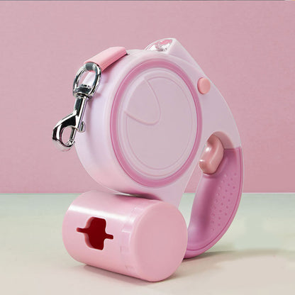 Pink 3M Retractable Dog Leash - Built-in LED Light (No Batteries) and Bag Holder