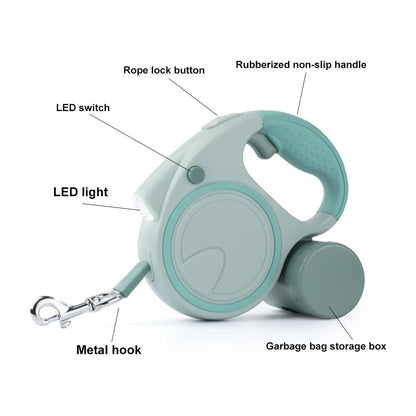 Blue and White 3M Retractable Dog Leash - Built-in LED Light (No Batteries) and Bag Holder - Image 2