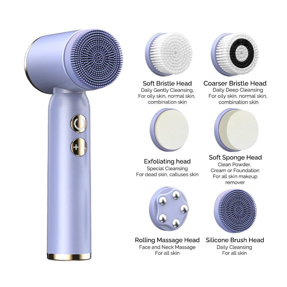 Pink 6-in-1 Electric Facial Cleansing Brush Set - Rechargeable & Waterproof - Image 3