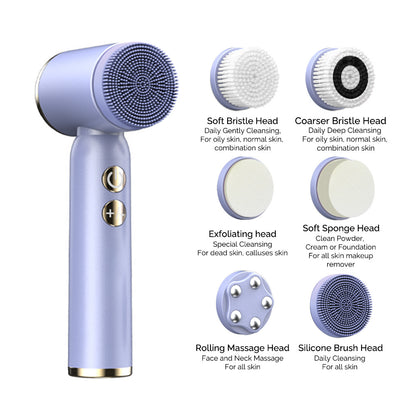 Pink 6-in-1 Electric Facial Cleansing Brush Set - Rechargeable & Waterproof - Image 3