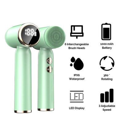 Purple 6-in-1 Electric Facial Cleansing Brush Set - Rechargeable & Waterproof - Image 2