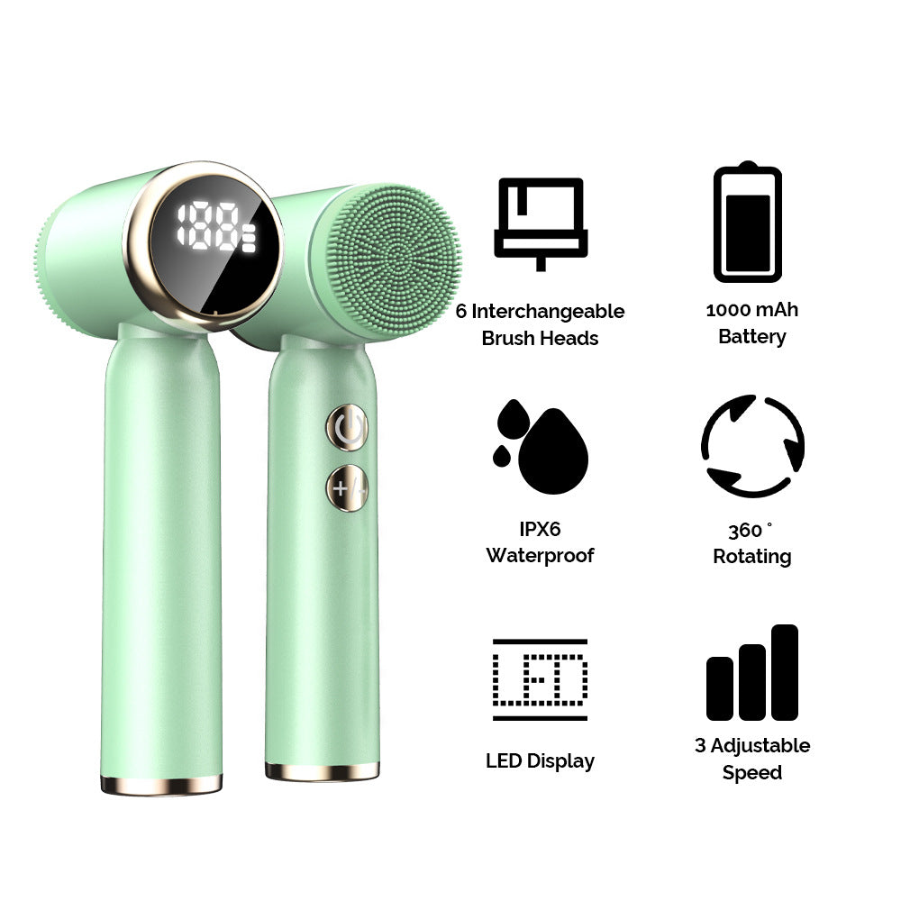 Green 6-in-1 Electric Facial Cleansing Brush Set - Rechargeable & Waterproof - Image 2