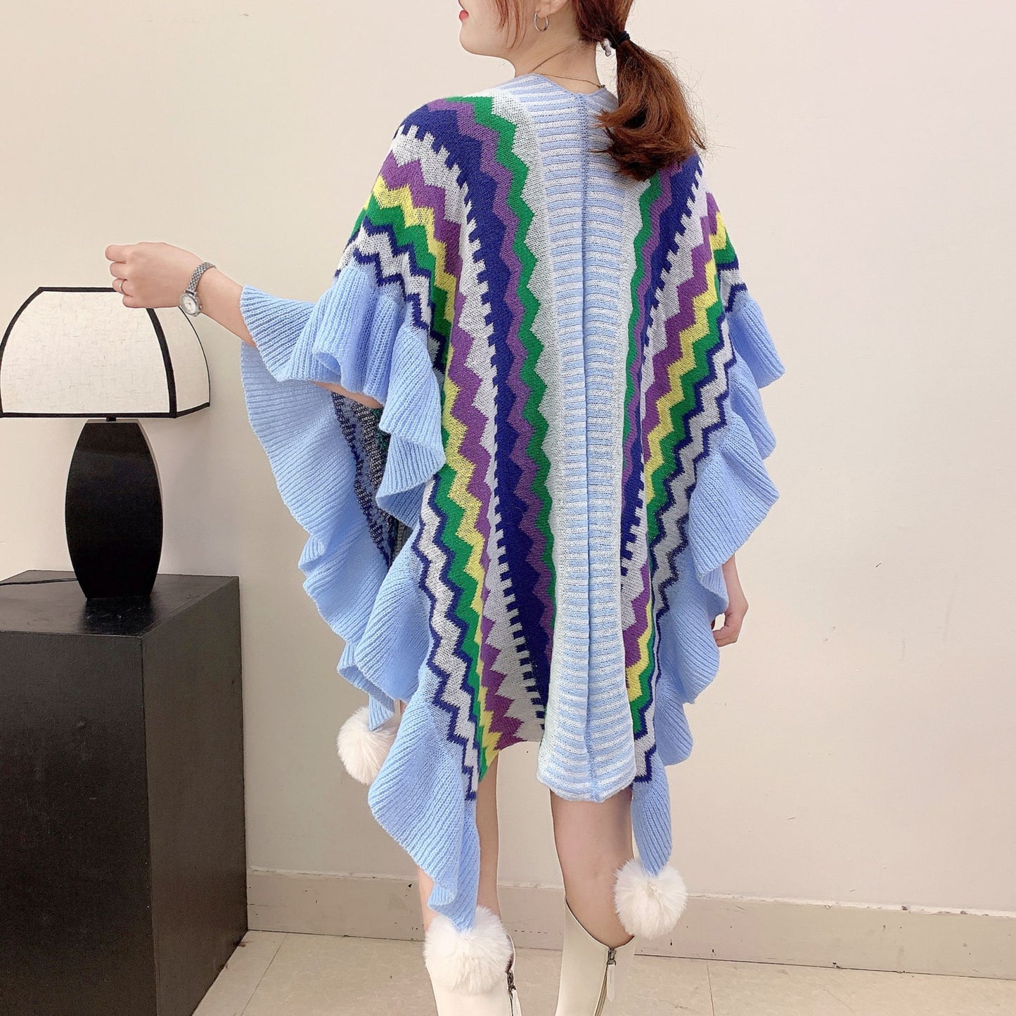 Light blue Women's printed knitted cardigan cape with ruffled sleeves (Style 2) - Image 2