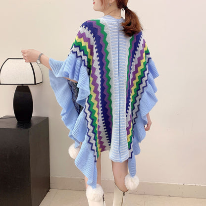 Light blue Women's printed knitted cardigan cape with ruffled sleeves (Style 2) - Image 2