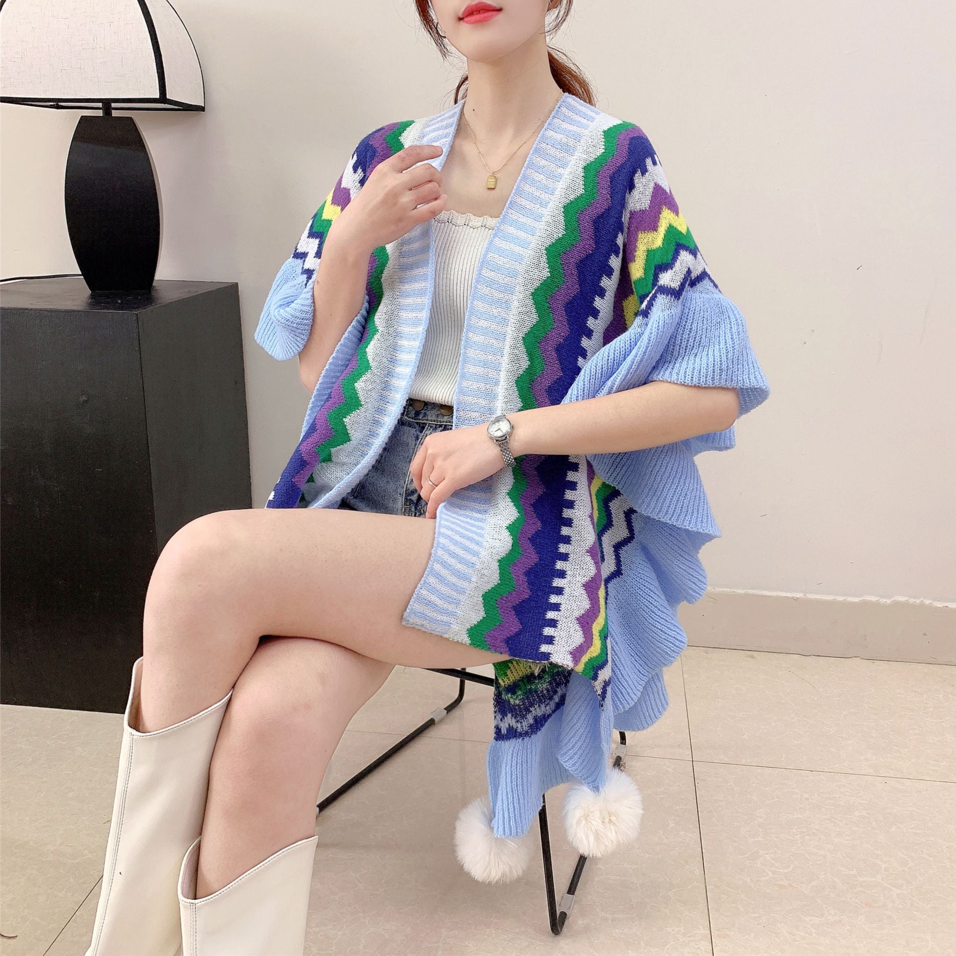 Light blue Women's printed knitted cardigan cape with ruffled sleeves (Style 2) - Image 3