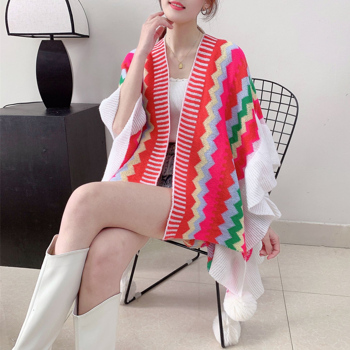 Red Women's printed knitted cardigan cape with ruffled sleeves (Style 1) - Image 2
