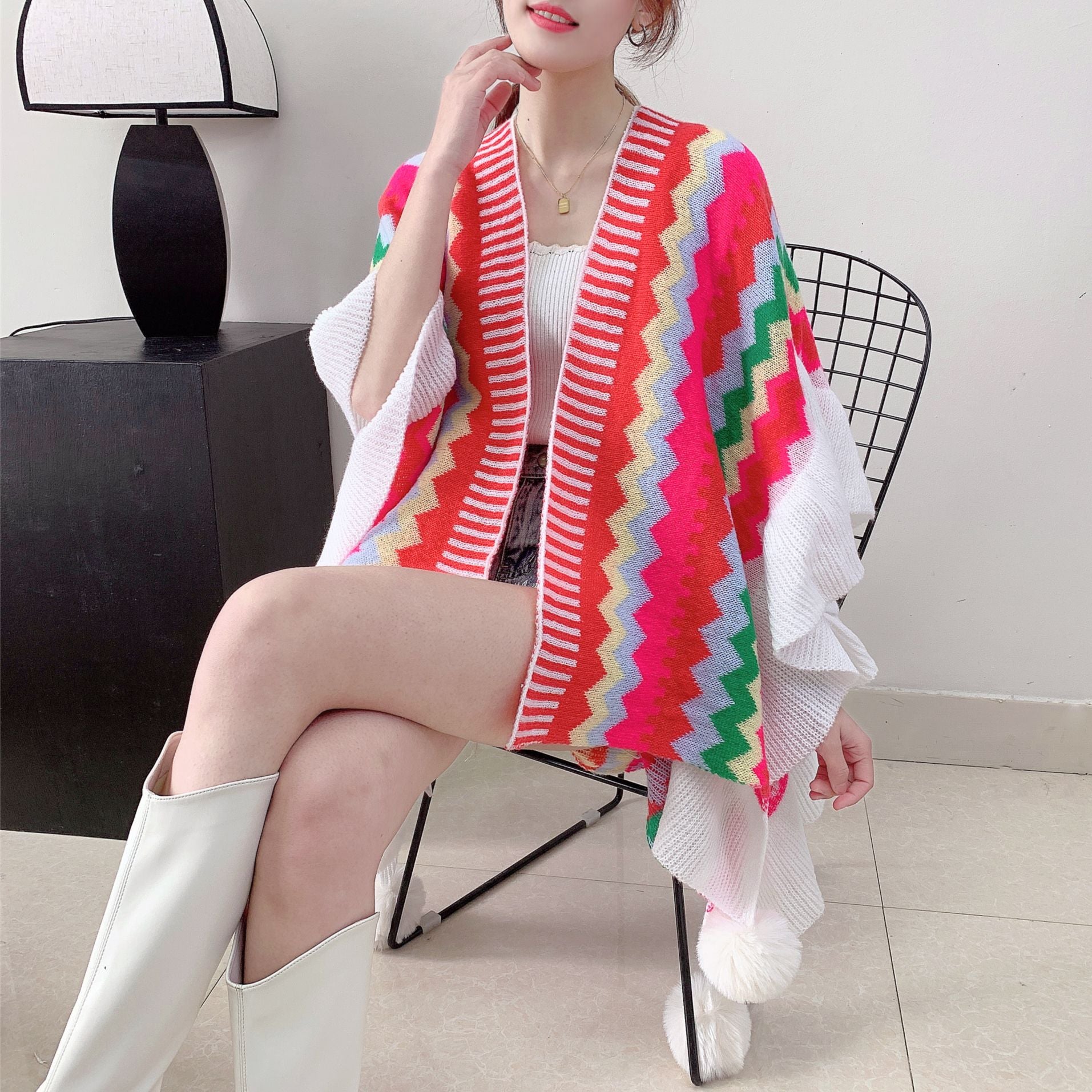 Red Women's printed knitted cardigan cape with ruffled sleeves (Style 1) - Image 2