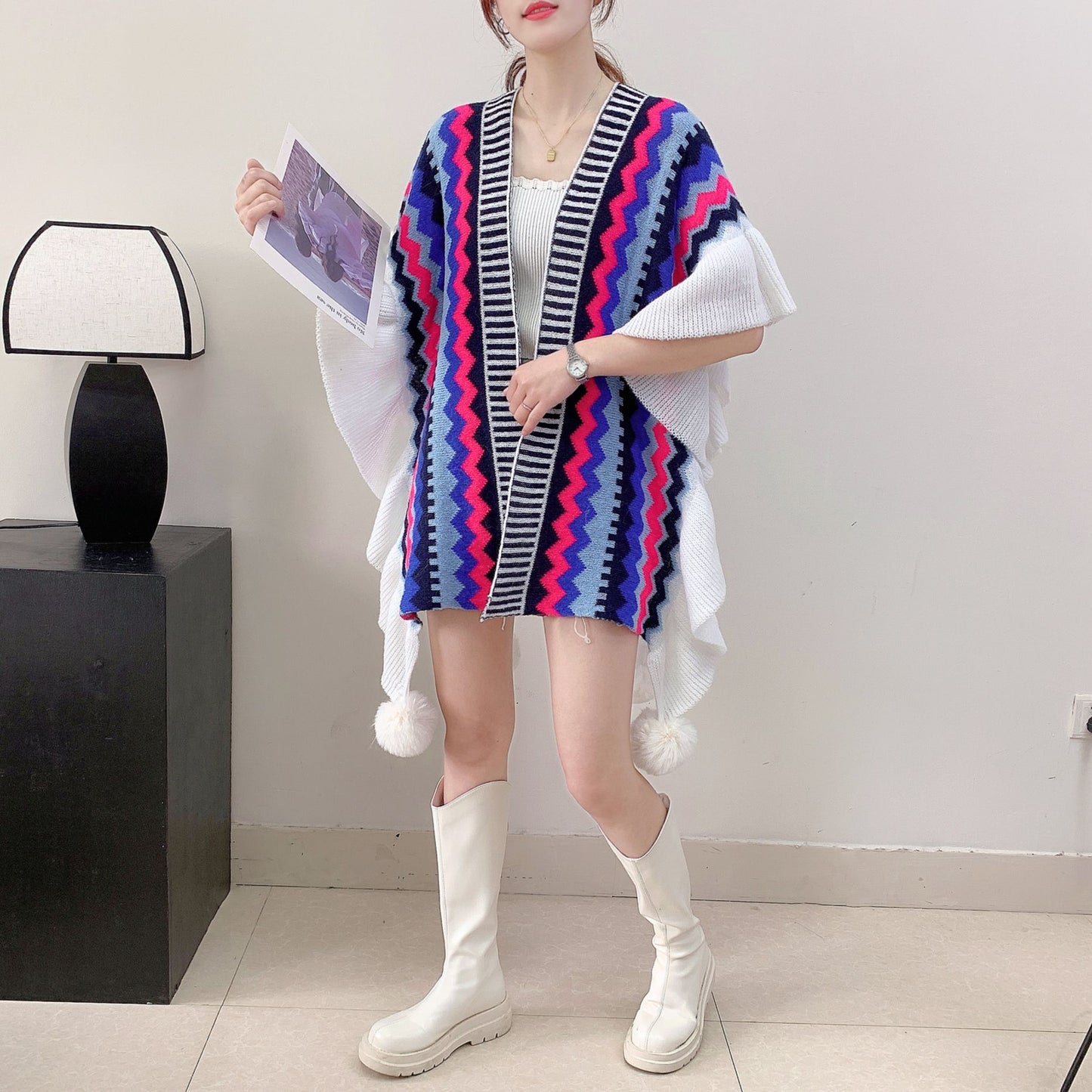 Blue Black Women's printed knitted cardigan cape with ruffled sleeves (Style 6) - Image 2