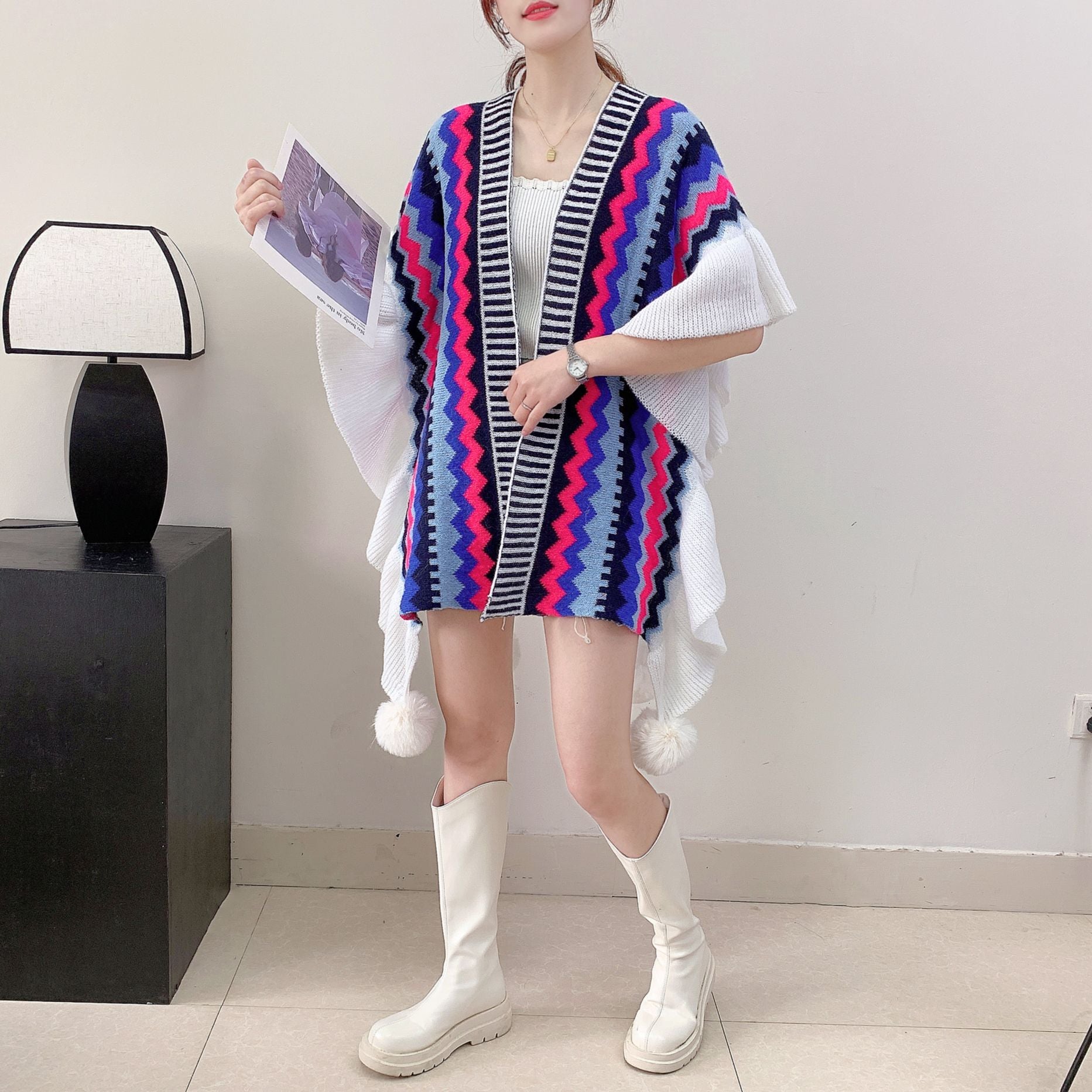 Blue Black Women's printed knitted cardigan cape with ruffled sleeves (Style 6) - Image 2