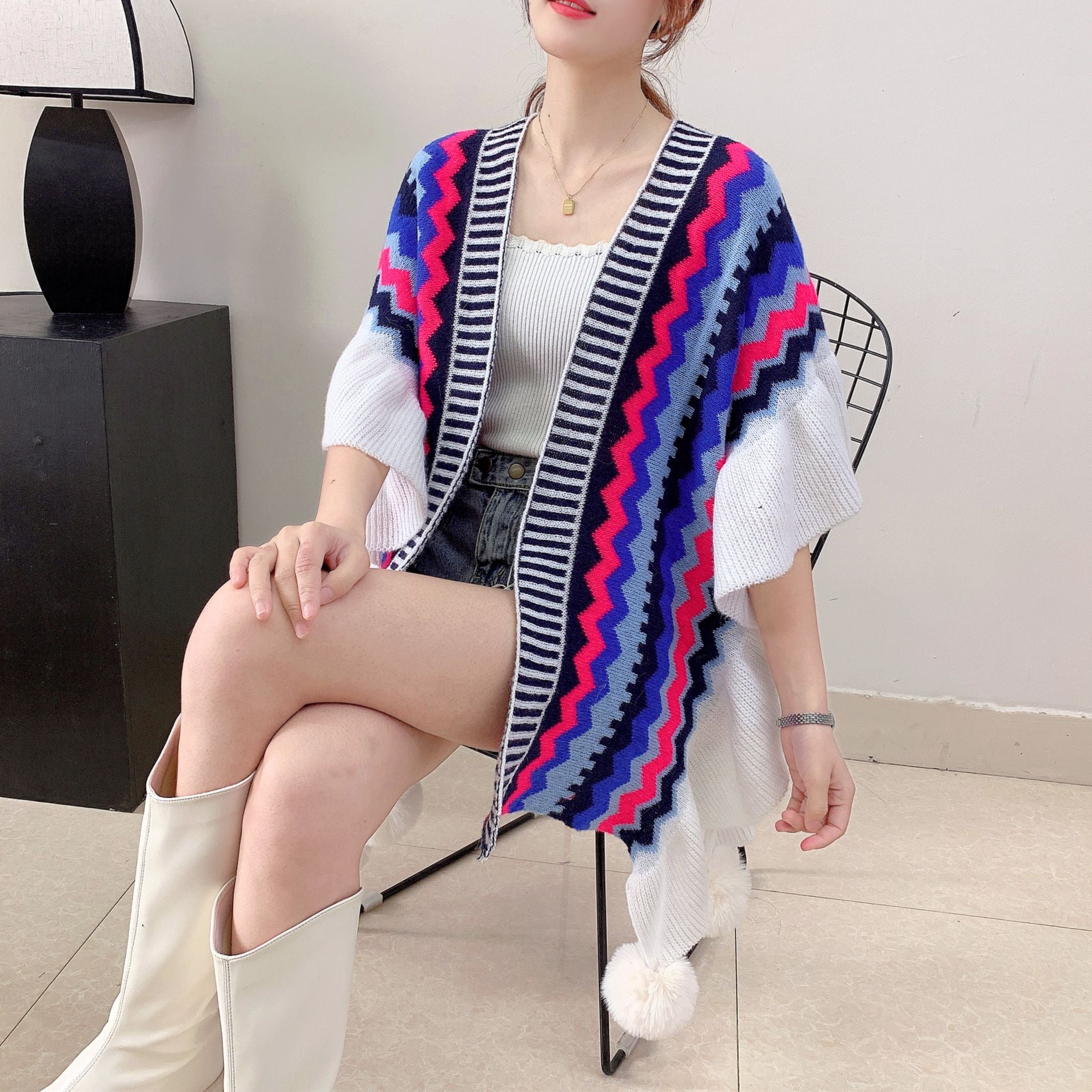 Blue Black Women's printed knitted cardigan cape with ruffled sleeves (Style 6) - Image 3
