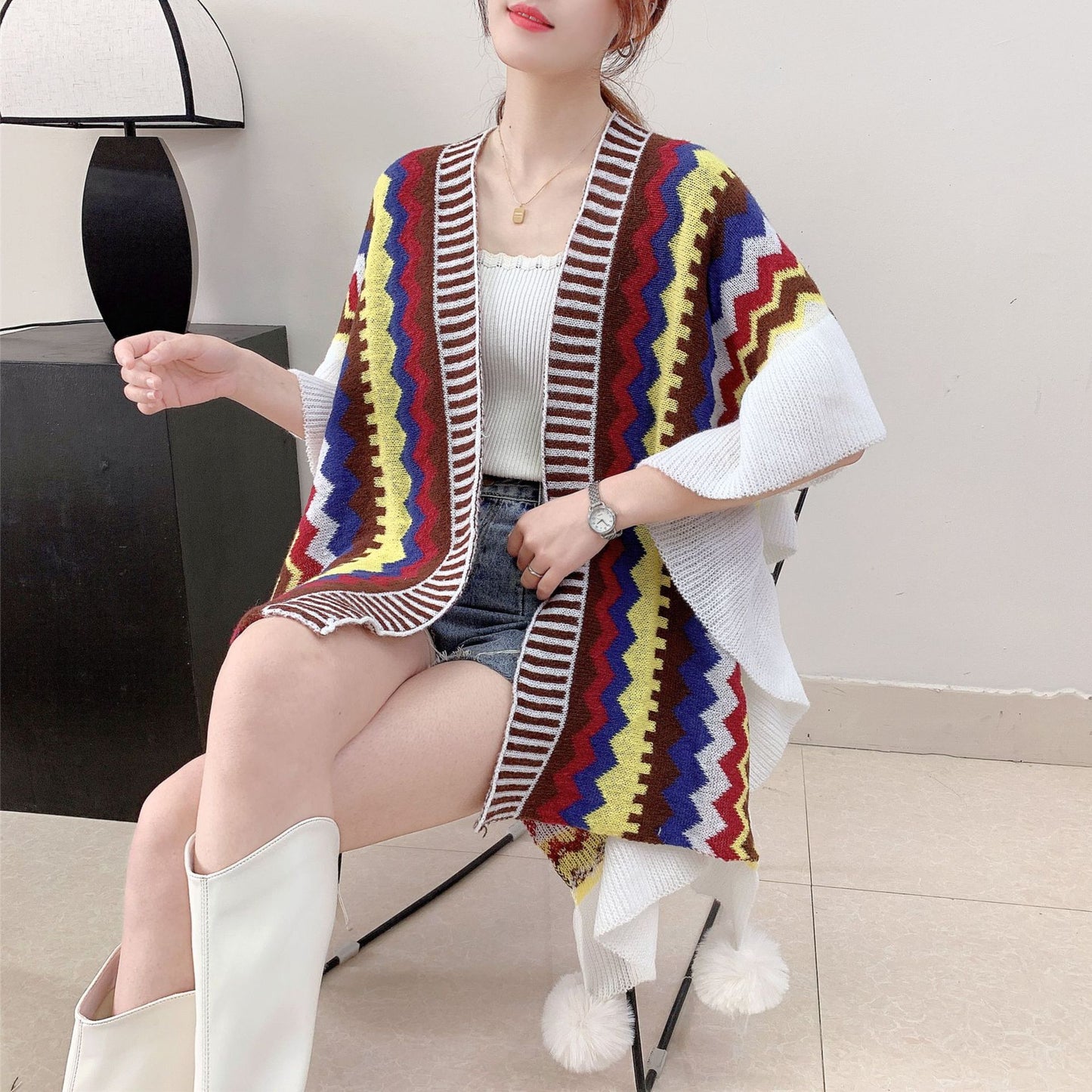 Brown Women's printed knitted cardigan cape with ruffled sleeves (Style 4) - Image 2