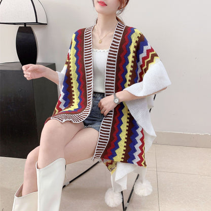Brown Women's printed knitted cardigan cape with ruffled sleeves (Style 4) - Image 2