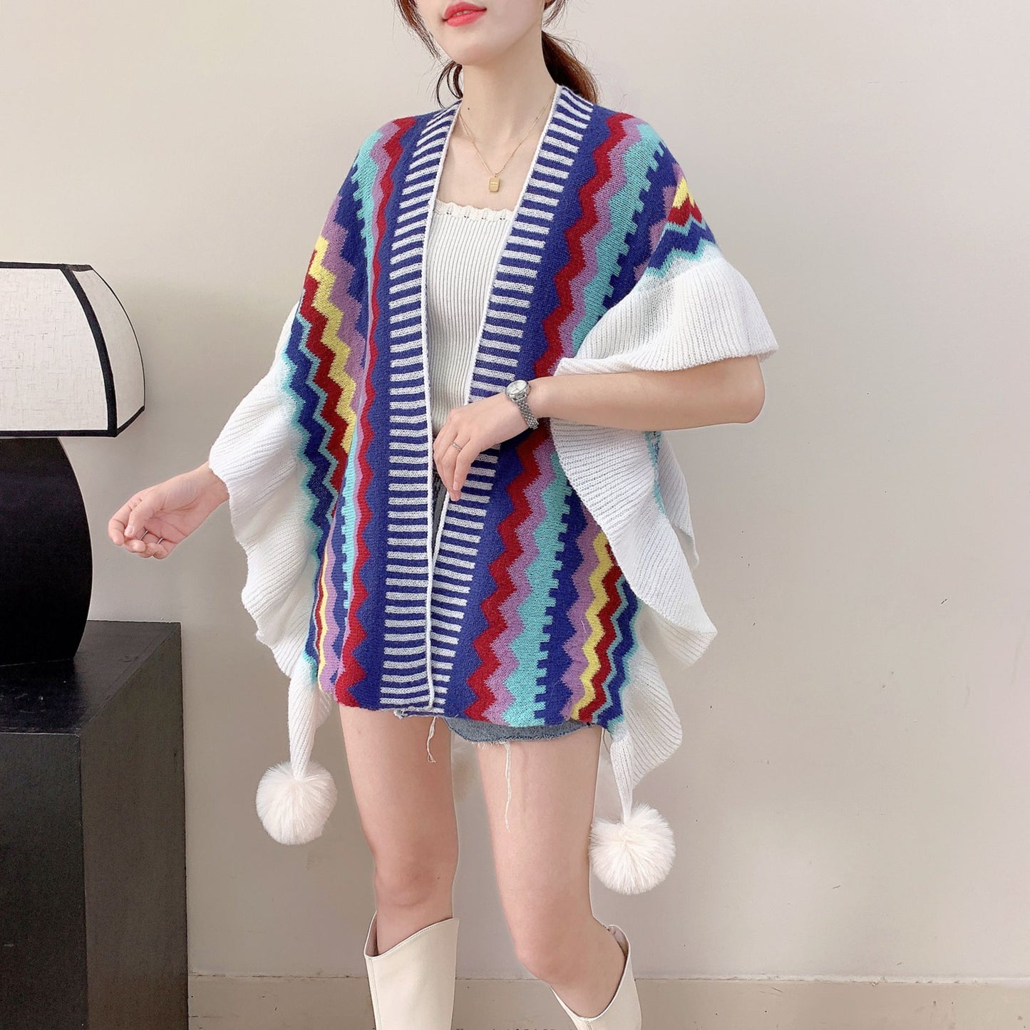 Dark Blue Women's printed knitted cardigan cape with ruffled sleeves (Style 3)