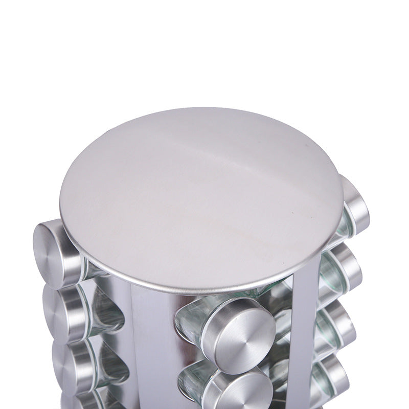 Modern stainless steel round rotating spice rack with 12 empty glass jars (88 ml each) - Image 3