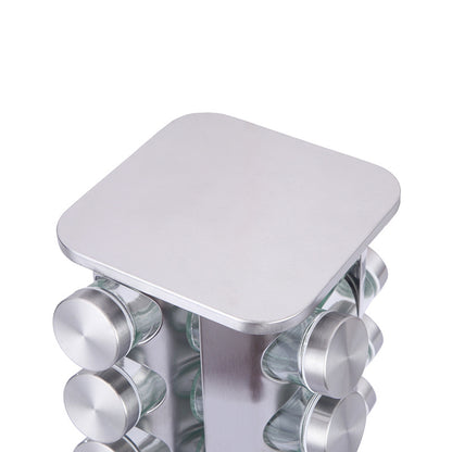 Modern stainless steel rounded corner rotating spice rack with 12 empty glass jars (88 ml each) - Image 2