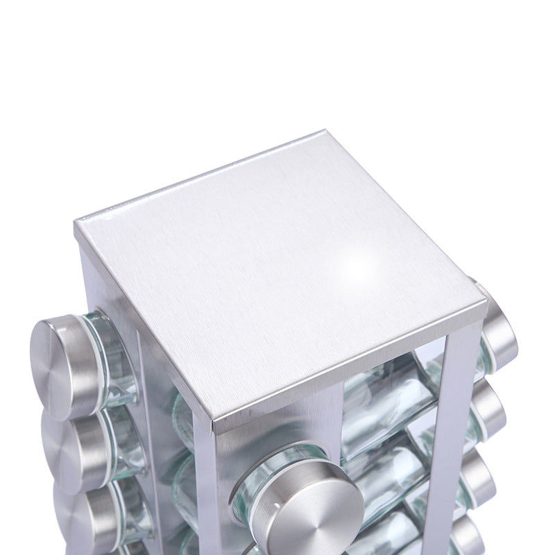 Modern stainless steel square spice revolving rack with 12 (88 ml each) empty glass jars - Image 2