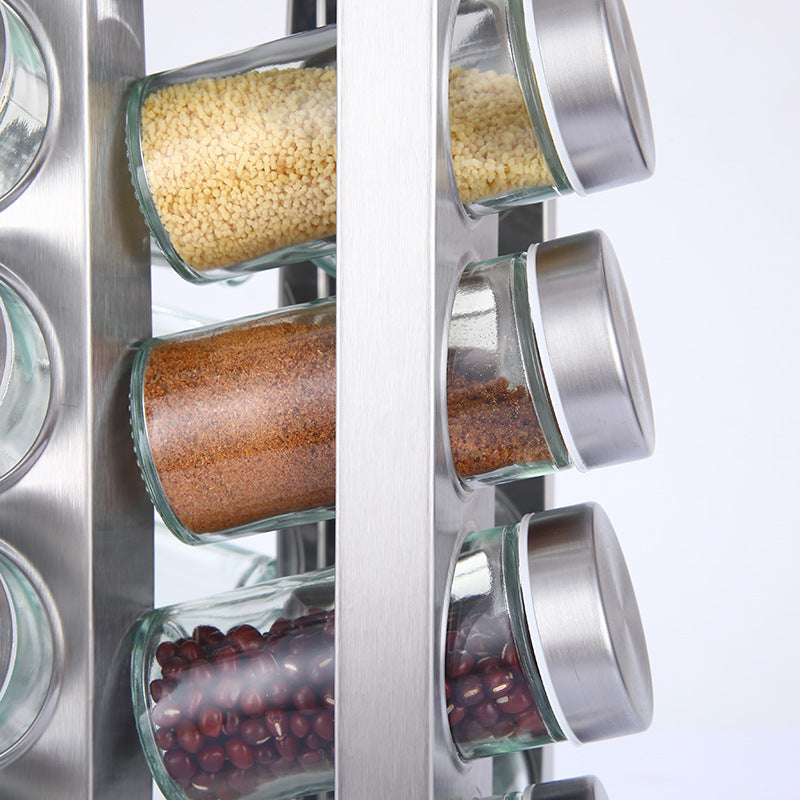 Modern stainless steel square spice revolving rack with 12 (88 ml each) empty glass jars - Image 3