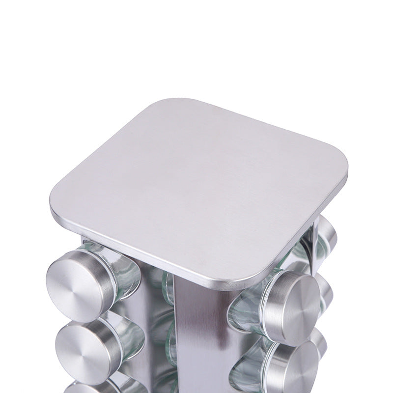 Modern stainless steel rounded corner rotating spice rack with 16 empty glass jars (88 ml each) - Image 2