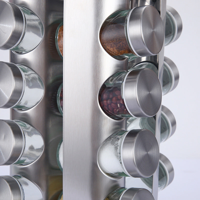 Modern stainless steel rounded corner rotating spice rack with 16 empty glass jars (88 ml each) - Image 3