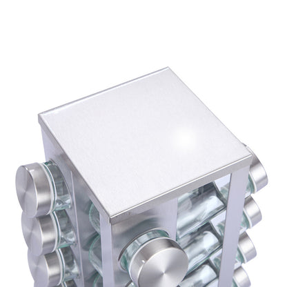 Modern stainless steel square spice revolving rack with 16 (88 ml each) empty glass jars - Image 2