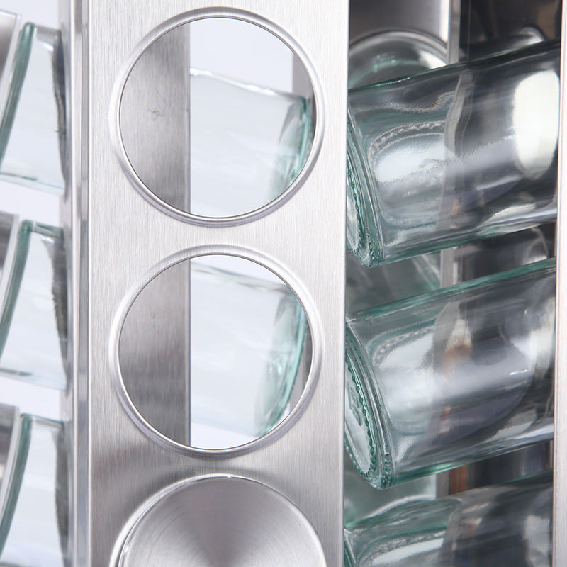 Modern stainless steel square spice revolving rack with 16 (88 ml each) empty glass jars - Image 4