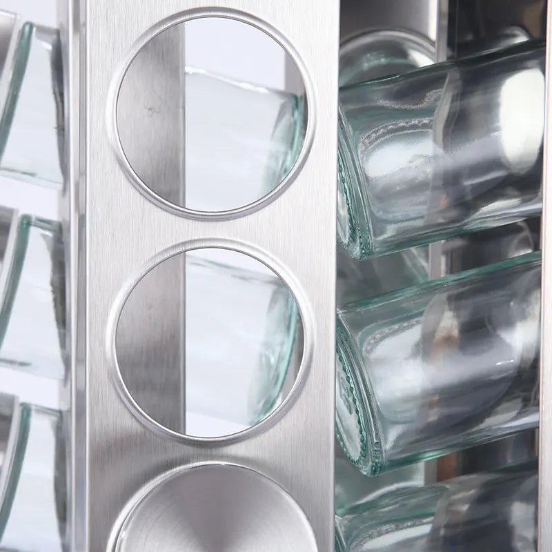 Modern stainless steel square spice revolving rack with 16 (88 ml each) empty glass jars - Image 4
