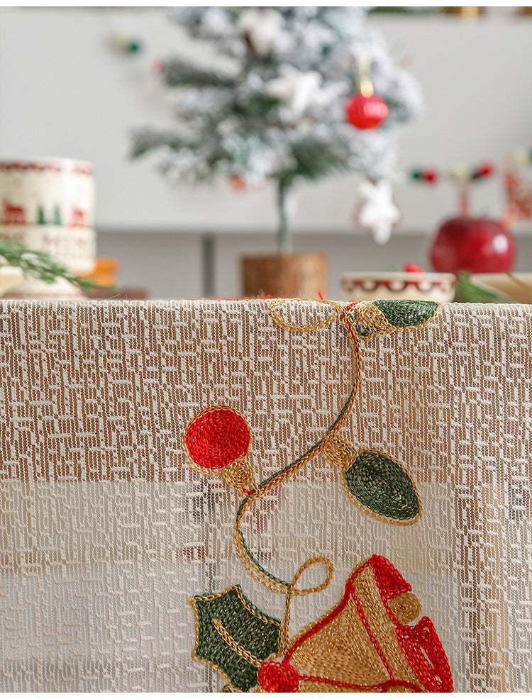 Embroidered Christmas Tablecloth - Embroidered Bells & Holly Design (140*200cm) - Image 3