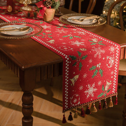 Red Christmas Table Runner with Tassels - Festive Snowflake & Bell Print (35*220cm) - Image 3