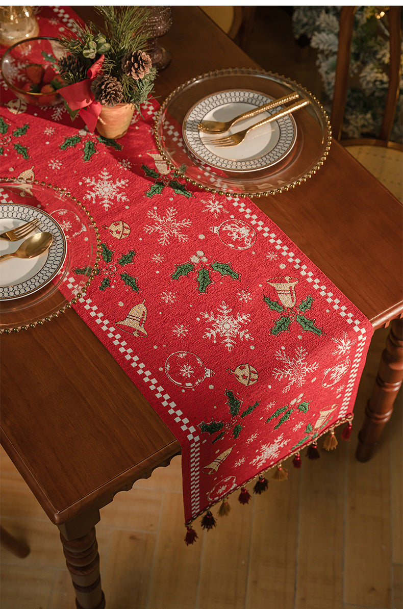 Red Christmas Table Runner with Tassels - Festive Snowflake & Bell Print (35*240cm) - Image 3