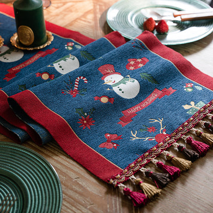Blue Christmas Festive Table Runner - Blue with Snowman, Reindeer and Happy Holidays (35*220cm) - Image 3