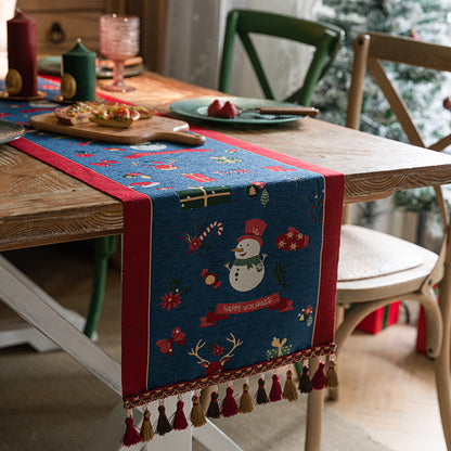 Blue Christmas Festive Table Runner - Blue with Snowman, Reindeer and Happy Holidays (35*220cm) - Image 4