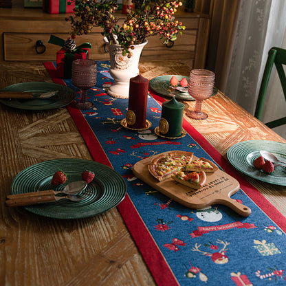 Blue Christmas Festive Table Runner - Blue with Snowman, Reindeer and Happy Holidays (35*240cm) - Image 2