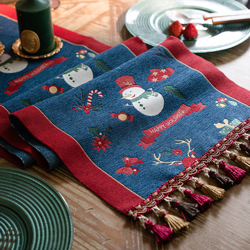 Blue Christmas Festive Table Runner - Blue with Snowman, Reindeer and Happy Holidays (35*240cm) - Image 3