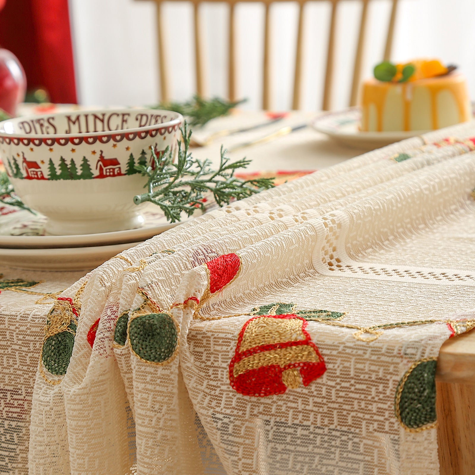 Embroidered Christmas Tablecloth - Embroidered Bells & Holly Design (140*305cm) - Image 2
