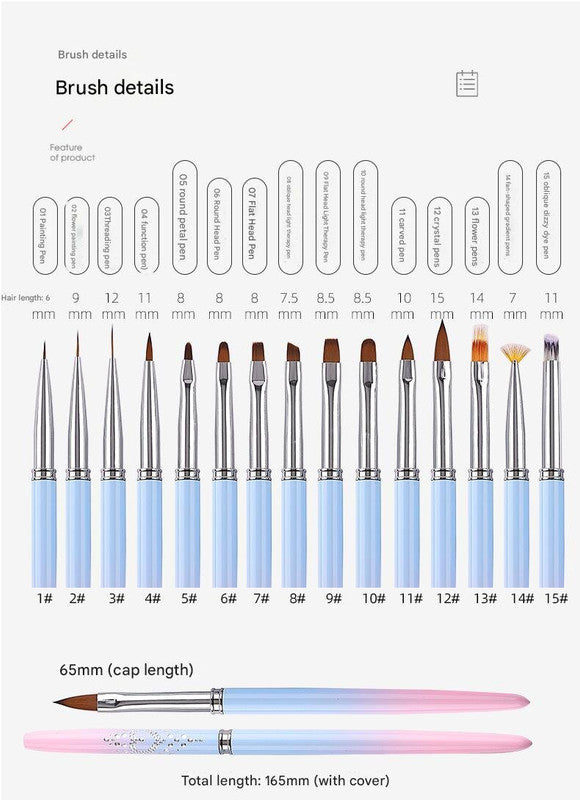 Professional Nail Art Brush Kit (15pcs) - Gradient Handles Manicure Tools - Image 2
