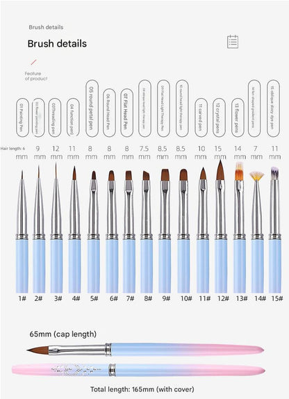 Professional Nail Art Brush Kit (15pcs) - Gradient Handles Manicure Tools - Image 2