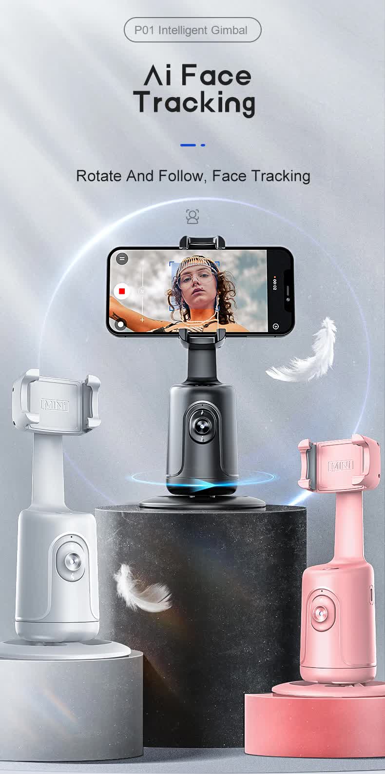 Black AI Smart Auto Tracking Phone Holder - 360° Rotation Face & Body Tracking Mount - Image 2