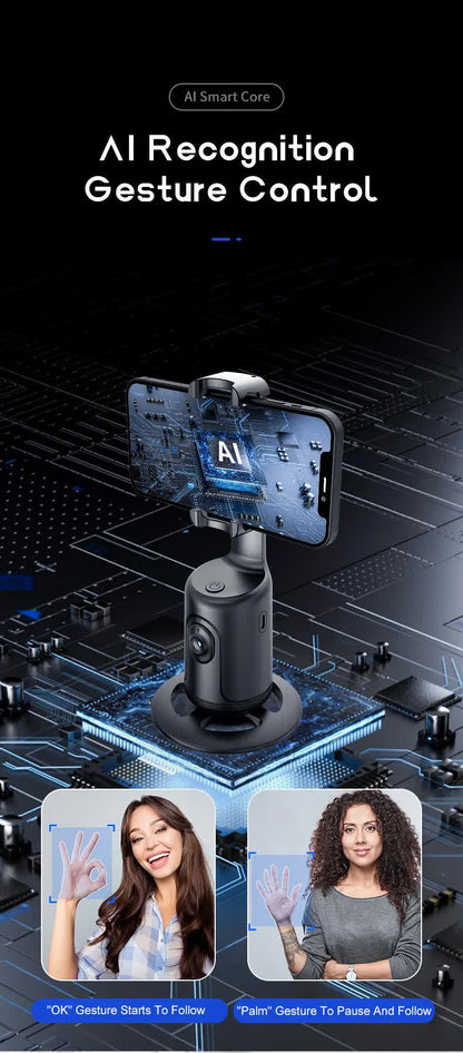 Black AI Smart Auto Tracking Phone Holder - 360° Rotation Face & Body Tracking Mount - Image 4