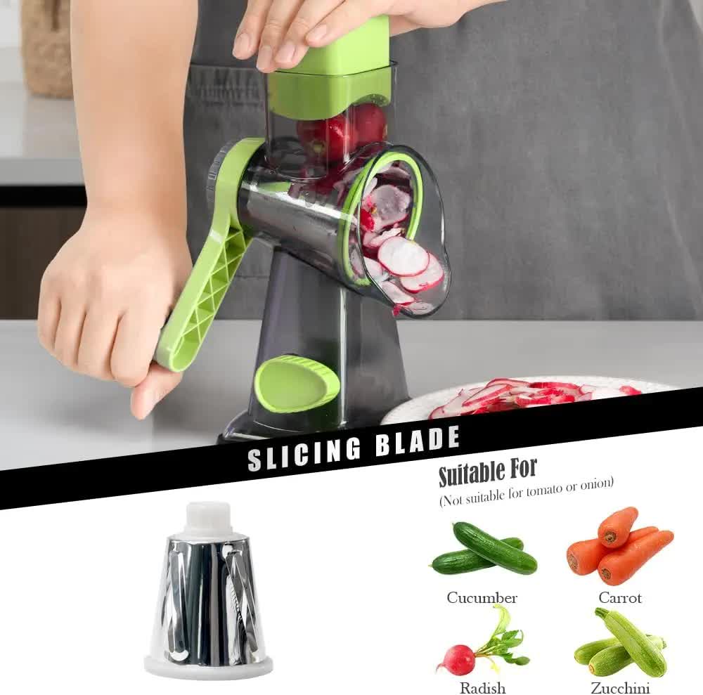 Green Rotary Cheese Grater & Vegetable Slicer - Manual Shredder with 3 Interchangeable Drums - Image 2