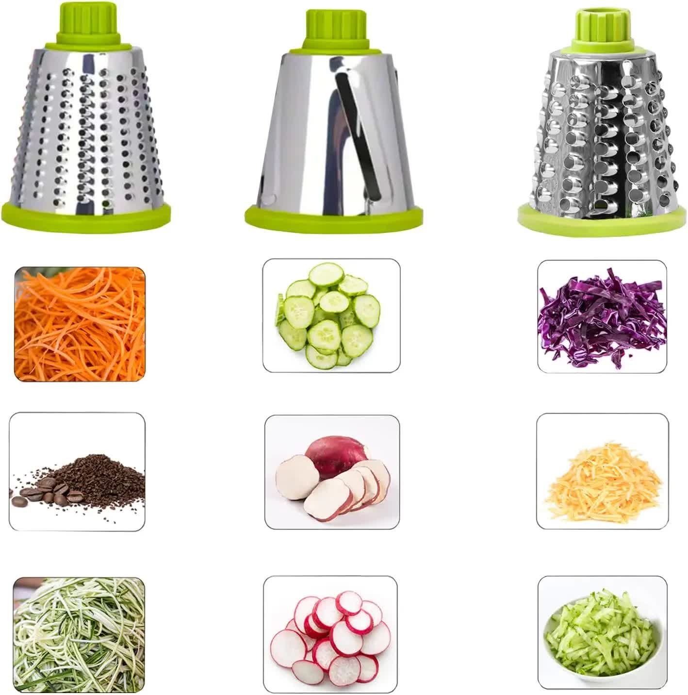 Green Rotary Cheese Grater & Vegetable Slicer - Manual Shredder with 3 Interchangeable Drums - Image 3