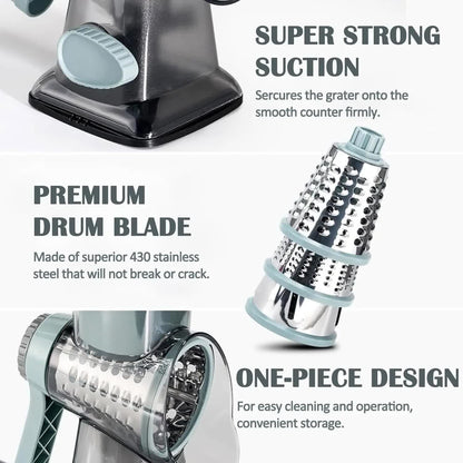 Grey Rotary Cheese Grater & Vegetable Slicer - Manual Shredder with 3 Interchangeable Drums - Image 5