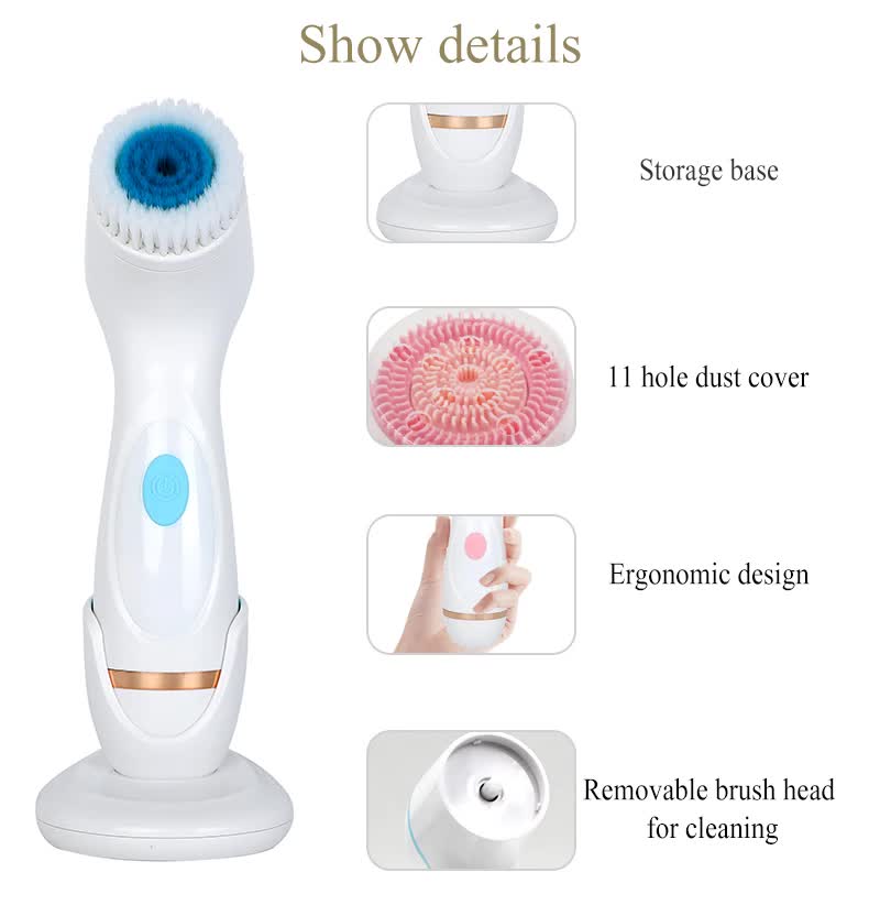 Pink Waterproof Facial Cleansing Spin Brush Set - Rechargeable with 3 Heads & Charging Stand - Image 4