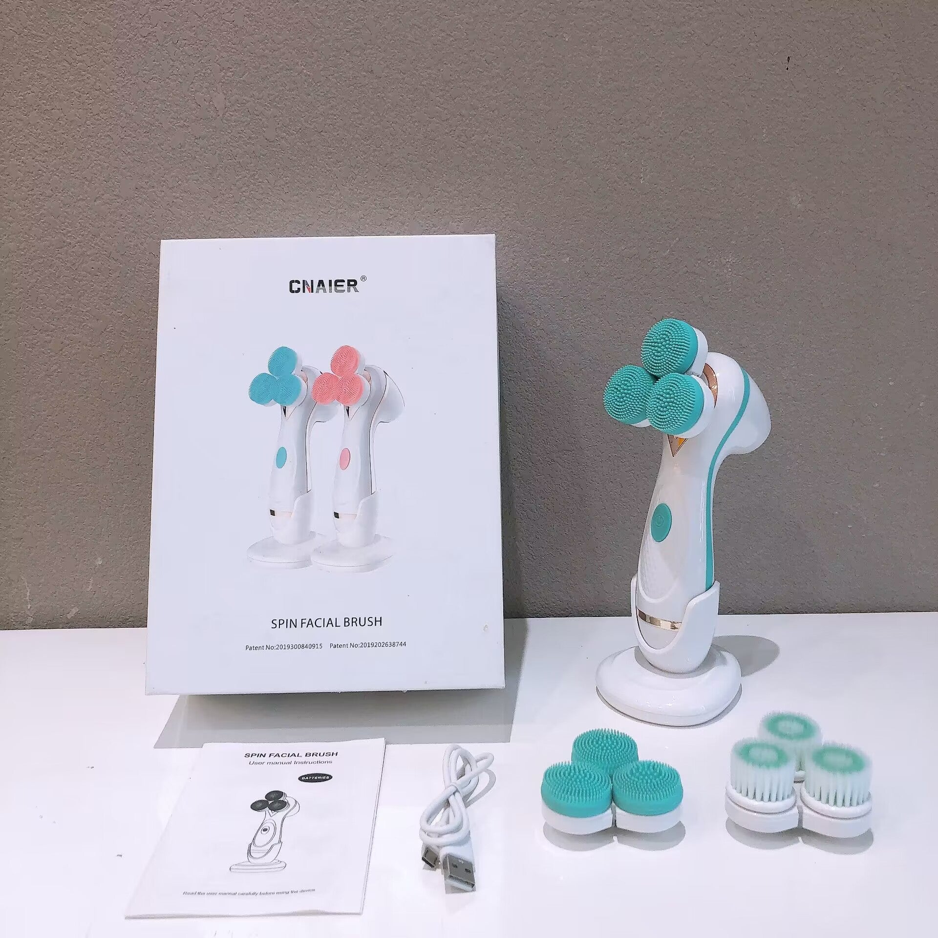 Blue 3-Head Electric Facial Cleansing Brush - Rechargeable Spin Scrubber Kit