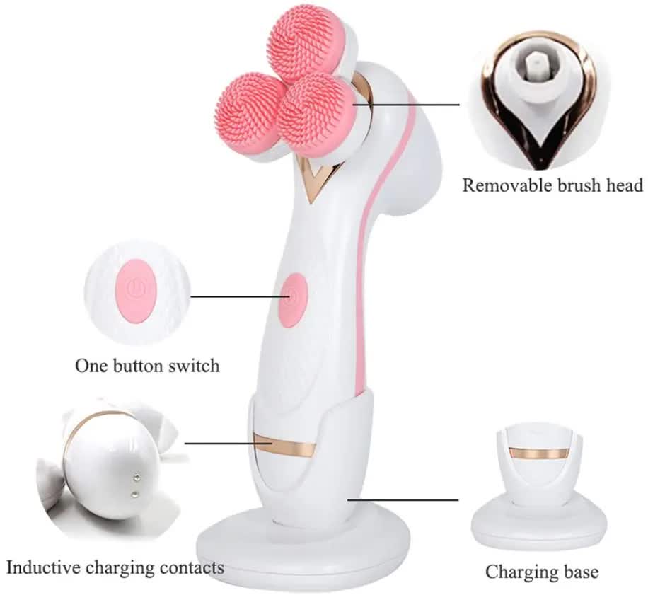 Blue 3-Head Electric Facial Cleansing Brush - Rechargeable Spin Scrubber Kit - Image 4