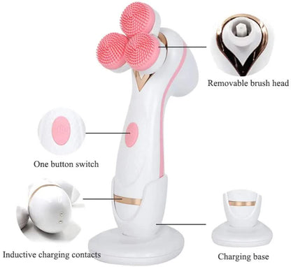 Pink 3-Head Electric Facial Cleansing Brush - Rechargeable Spin Scrubber Kit - Image 4