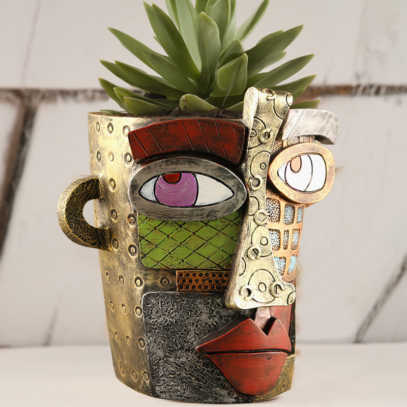 Abstract Face Planter Pot - Artistic Resin Decor for Succulents & Plants (Antique Style - 12.5*12*9CM) - Image 3