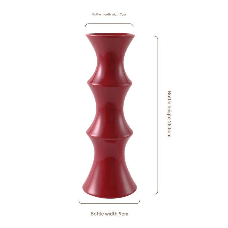 Glossy Red Ceramic Vase - Unique Bamboo-Look Design (25.5x9x7cm) - Image 2