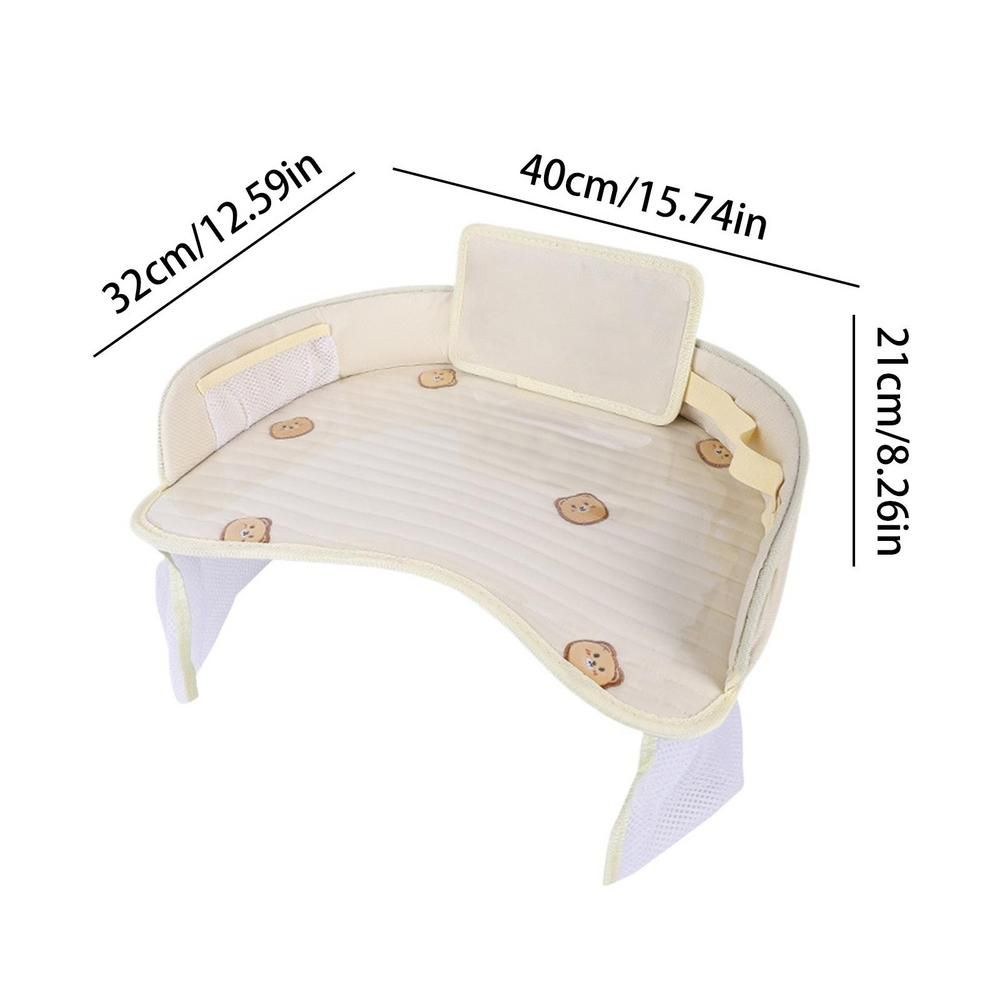 Kids Car Seat Travel Tray - Waterproof Lap Desk with Storage Pockets (Beige Bear - Round) - Image 2
