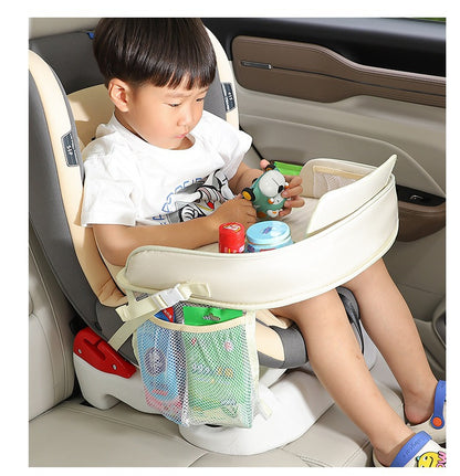 Kids Car Seat Travel Tray - Waterproof Lap Desk with Storage Pockets (Beige Bear - Round) - Image 3